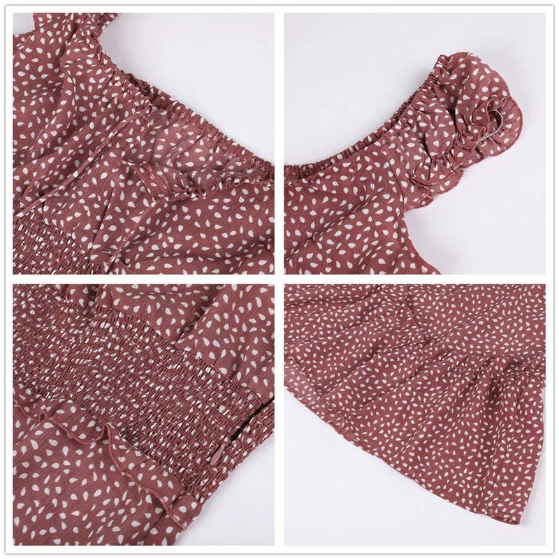 YOBECHO Womens Summer Ruffle Sleeve Sweetheart Neckline Printing Dress Mini Dresses Brick Red - Image 4